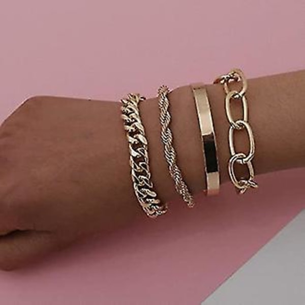 Sød Boho Guld Sølv Kæde Armbåndssæt Til Kvinder Justerbar Mode Perletyk Fladt Kabelkæde Punk Armbånd Smykker Til Kvinder Piger Gave Se