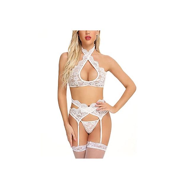 Damunderkläder set med strumpeband 3 delar spets Teddy Babydoll