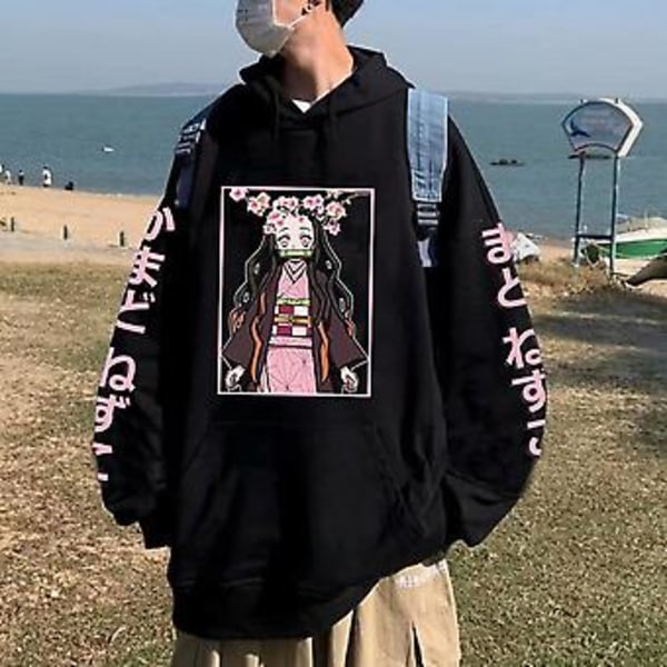 Unisex Demon Slayer Anime Manga Hoodies Mode Kamado Nezuko Tryckt Sweatshirt Casual Baggy Jumper Toppar Långärmad Huvtröja (M)