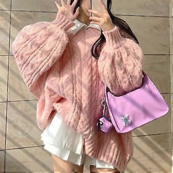 Efterår og vinter V-hals sweater blød twist pullover løse lanterneærmer stor strikket sweater top (pink)