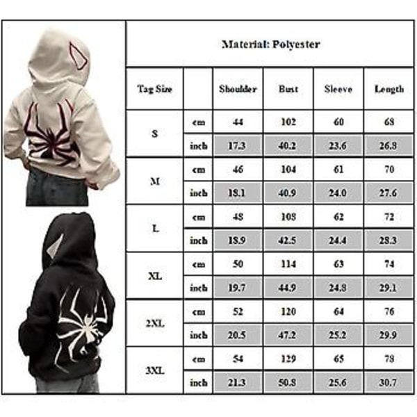 Mode Hoodie för Kvinnor och Män Spindel Y2k Full Zip Up Över Ansiktet Gothic Punk Tryckt Jacka Rockkläder (M Vit)