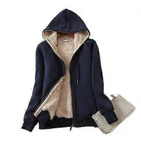 Dame Tyk Foret Hoodie Jakke med Lomme Snørehætte Foran Lynlås (L Blå)