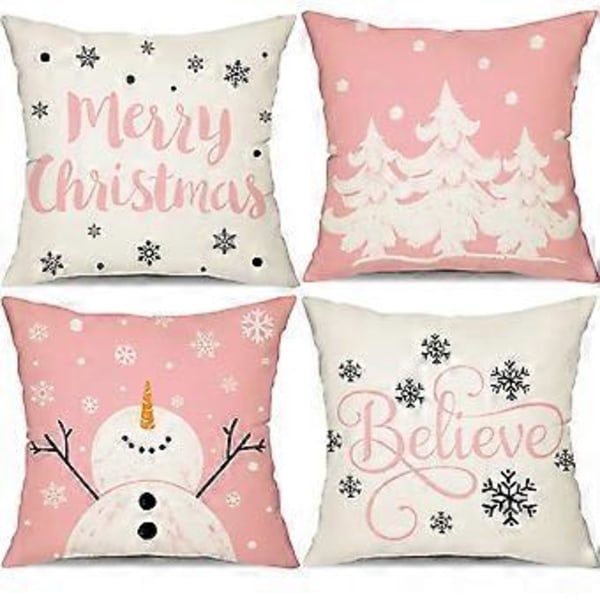 Rosa Jul Kuddfodral 18x18 Set om 4 för Juldekorationer God Jul Träd Tro Snöflinga Vinter Semester Dekor
