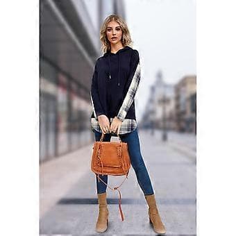 Dame Plaid Patchwork Hættetrøjer Casual Løse Letvægts Snøre Pullover Sweatshirts Efterår Langærmet Skjorte Toppe Blå XL Blue XL
