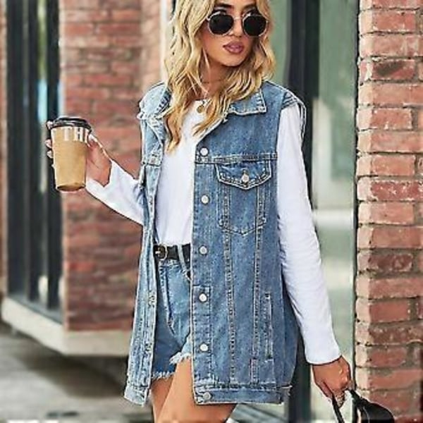 Muodikas denimliivi naisille, hihaton rento löysä pitkä farkkutakki katumuodin hipsterityylinen naisten vaatetus XS-XL (XS sininen)