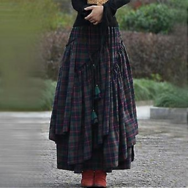 Retro Folk Stil Dame Mote Rutete Maxi Skjørt Spleis Uregelmessig Swing Plissert Høy Midje Lang Skjørt (XXL)