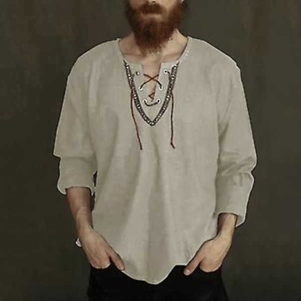 Fianao Mænds Skjorte med Fast Farve, Snøring Fortil, V-Hals, Langærmet, Løstsiddende, Streetwear (2XL Sort)