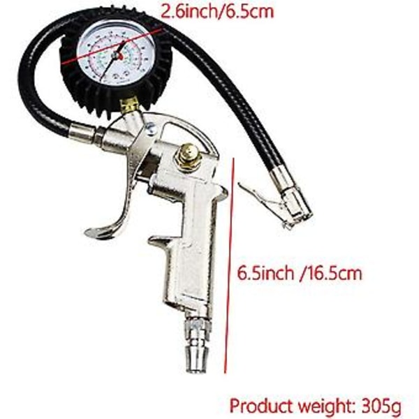 Dæktryksmåler med Manometer 220psi og Dæktryksmåler med Slange Luftchuck Pistolgreb Dæktryksmåler Kompressor Tilbehør