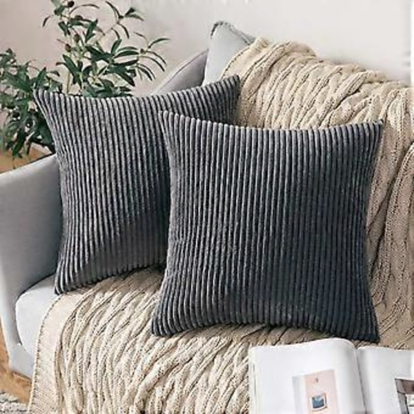 Sæt med 2 Corduroy Bløde Solide Dekorative Firkantede Pudebetræk, Pudebetræk til Sofa, Soveværelse, Bil 20 x 20 Tommer 50 x 50 Cm Grå