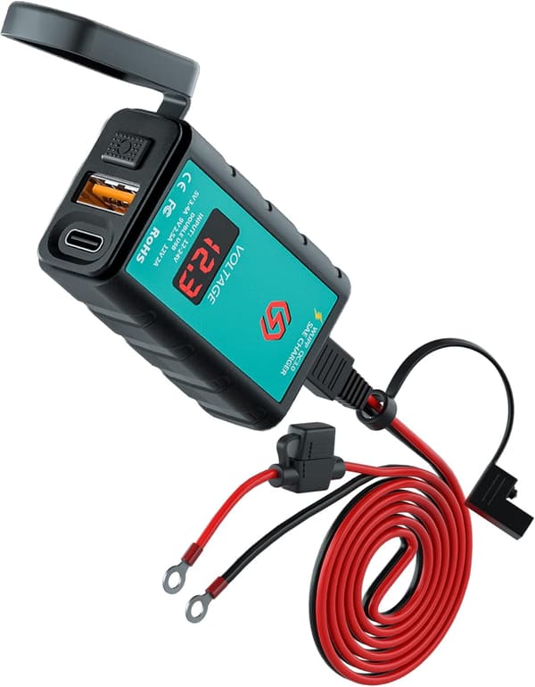 Motorsykkel USB QC3.0 plugg og USB Type C-kontakt med voltmeter