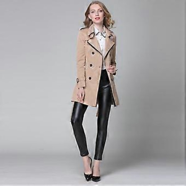 VANGULL Dame Klassisk Bælte Europæisk Trenchcoat Khaki Sort Dobbeltradet Business Frakke (XL sort)