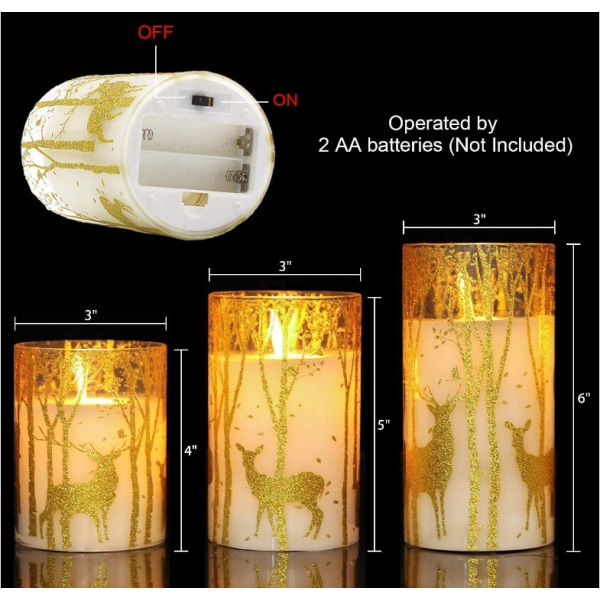 Glass Flameless Candles Flickering med Timer Remote, 3 Pack Gold
