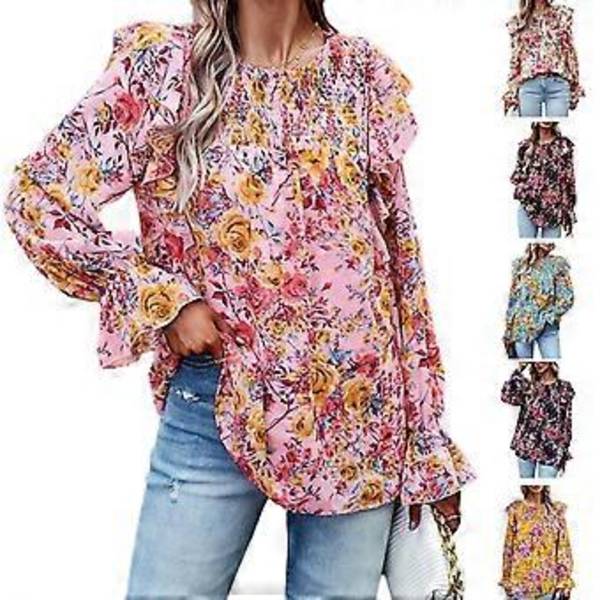 Dam Höst Puff Långärmad T-shirts Rundhalsad Toppar Bohemisk Blommig Tryck Blusar Skjortor Smockade Manschetter Tunikor Toppar Vit XL(XL Vit)