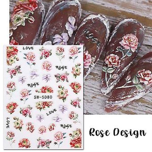 Blomster Nagelsticker Utsökt 5D Ihålig Präglad Ros Spets Blomma Utsökt Mönster Självhäftande Nageldekaler Romantisk Blomma Nageltillbehör Design