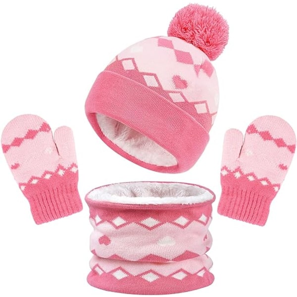 Pink 2 to 6 Years Kids 3-in-1 Hat, Scarf, Gloves Set - Knitt