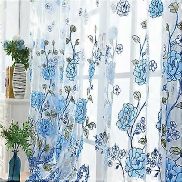 Voile Gardiner Paneler Tyll Offset Trykk Peonmønster Skygge Drapering for Stue (1)(Blå-100x200cm)