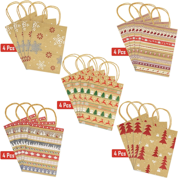 Kraft julegaveposer 20 assorterte stiler julegaveposer i papir