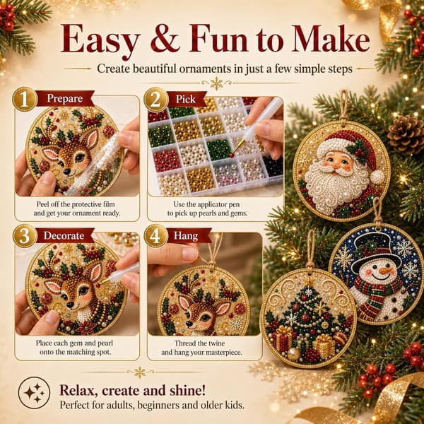 6-delt juletrepyntsett i tre, DIY perle- og rhinsteinmalingssett (H) H