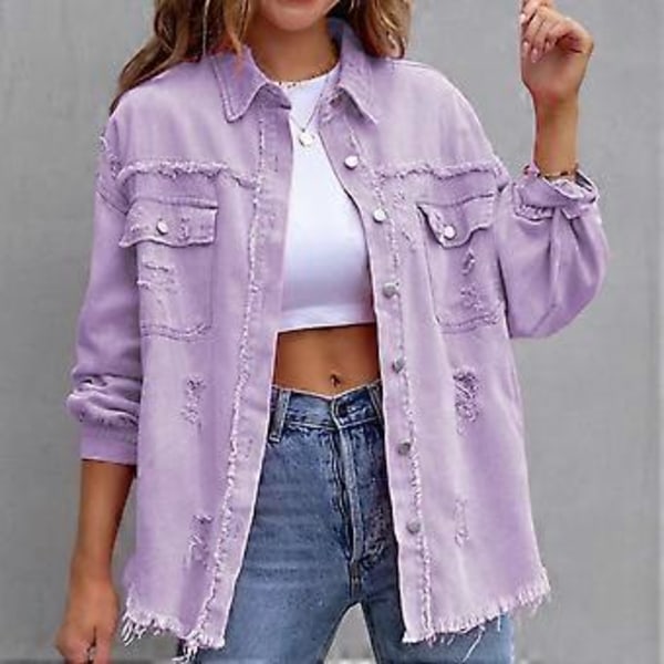 Løs Rippet Denimjakke Slitesterk Vellaget Hudvennlig Blazer For Vår Sommer Høst Daglig Bruk (S Lys Lilla)