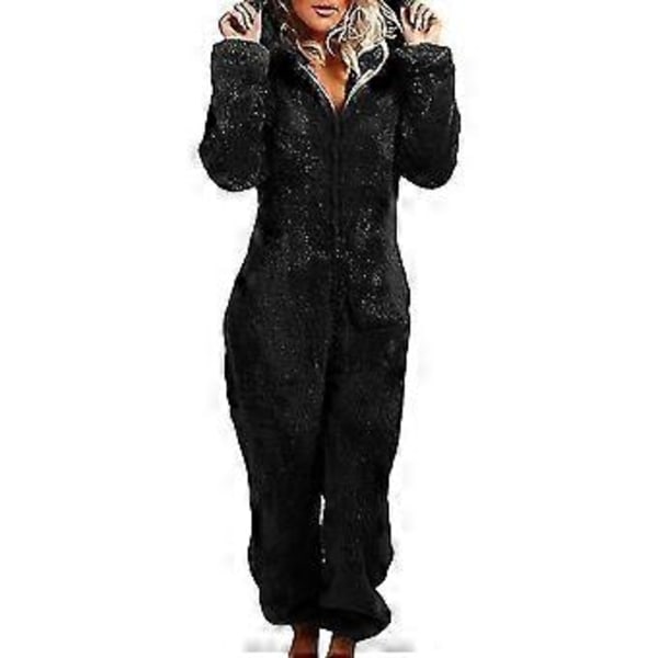 Dam vinter fluffig fleece huvtröja helkroppsoverall V (M svart)