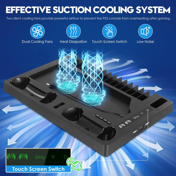 PS5 lagringsställ och kylstation med hörlurshållare, PS5 Controller Laddstation med Dua