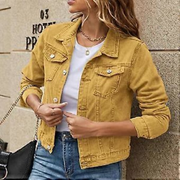 Dame Efterår Denim Korte Jakker Damer Vinter Enkeltknappet Langærmet Nedadvendt Krave Jeans Frakker (XL gul)