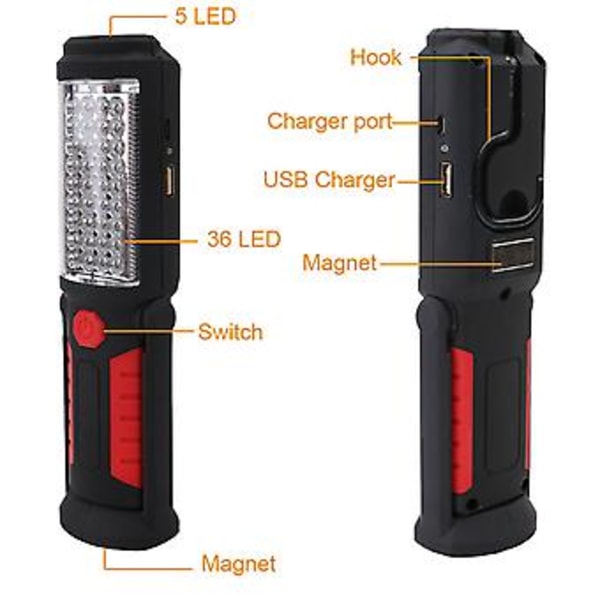 LED COB Käsivalaisin Ladattava Autotalli Tarkastuslamppu Magneettivalo (Punainen)