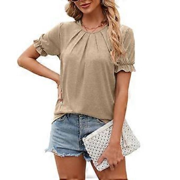 Naisten muoti T-paidat Lyhythihainen laskostettu toppi Löysä T-paita Rento pyöreä pääntie Paita Puseroita Teepaitoja Tunikoita Toppi Katumuotia XL Khaki(XL Khaki)