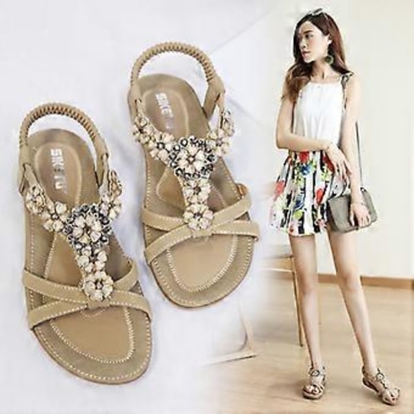 Damskor Bohemiska blommiga strass sandaler platta skor strandsandaler (42 Aprikos)