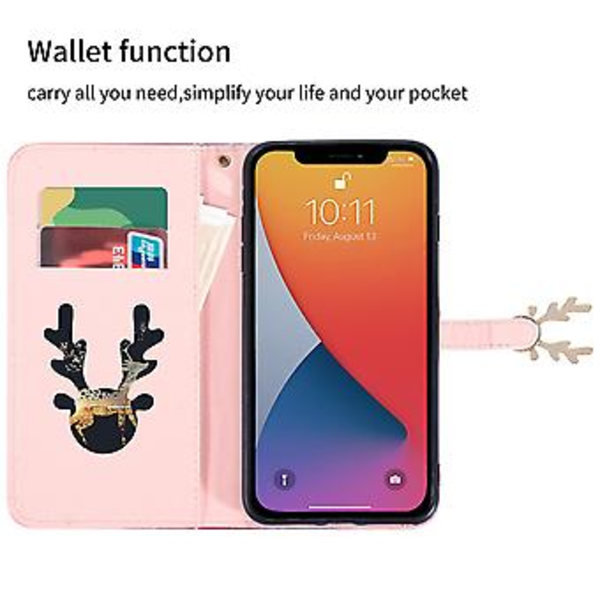 Telefonfodral med älgmönster för iPhone 14 Pro med kortfack, snodd, PU-lädermaterial, plånboksfunktion, hörnfallskydd (lila rosa)
