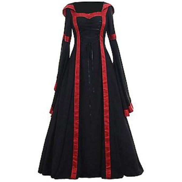 Fianao Keltisk Kvinder Snøre Langærmet Gulvlang Middelalderkjole Halloween Kostume (S Sort)
