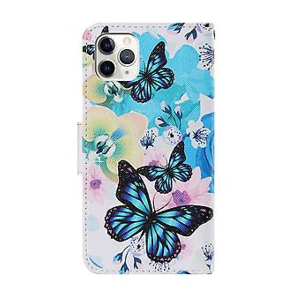 Färgad teckningsläderfodral för iPhone 12 Pro Max (Lila Fjäril)
