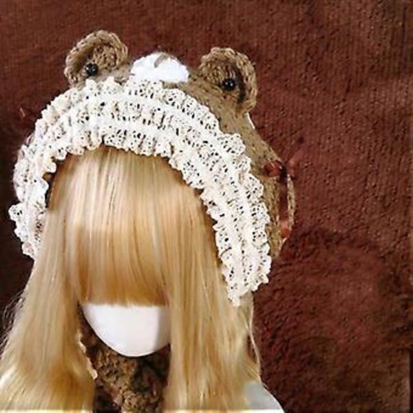 Strikket hue med søde dyreører, blonde dekor, vinterhuer, strikkede hatte, fotorekvisitter til børn, voksne, kvinder, piger Beige (Beige)