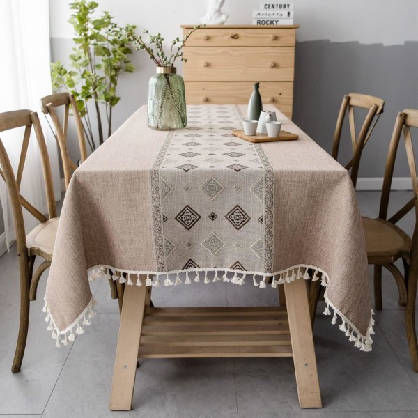 Brun - Rektangulär fläckbeständig duk Broderad linneduk i c