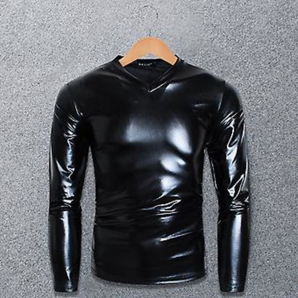 Miesten T-paita Kiiltävä Ulkonäkö Yksivärinen Pitkähihainen Yläosa V-kaula Slim Fit T-paita Yökerho Juhlat Esitys Asut (M Keltainen)