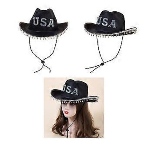 Cowboyhat med Rhinestone-skyggedesign til Kvinder Piger Åndbar Cowboyhat med Justerbart Reb Western Style Filthat Sort( )