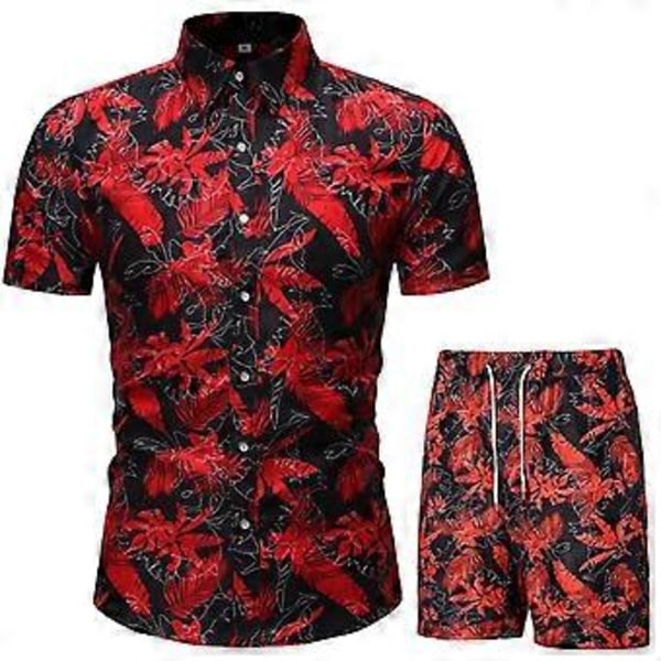 Herr Hawaiiskjorta och Shorts Set 2 Delar Knäppning Blommig Stranddräkt Tropiska Kläder (XL Röd)