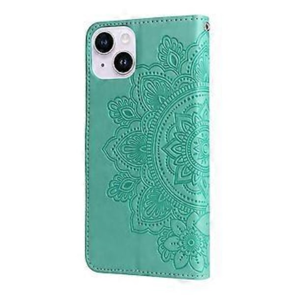 Läderfodral med präglade 7-bladiga blommor för iPhone 15 Plus (Grön)