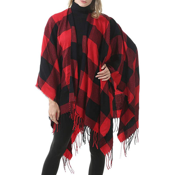 Dame Varm Sjal Wrap Åben Front Poncho Cape Farveblok Sjal