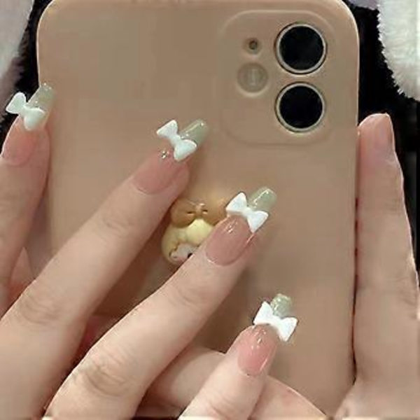 24 stk Perle Gele Kunstige Negl, Søt 3D Aurora Krystall Bjørn Hjerte Trykk på Negl Bling Blank Gradert Rosa Falsk Negl Kjærlighet Dating Fingertupper