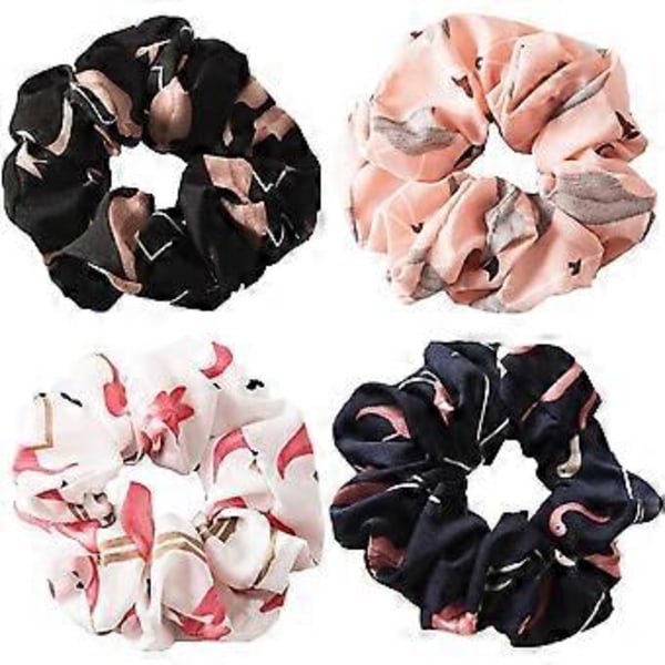 4 Stiler Elastiske Hårbånd for Kvinner, 4 stk. Hårbøyle med Flamingomønster i Chiffon Ponytail Holder