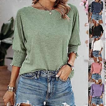 Dame Ensfarvet Løs Pasform Tunika Top Bluser Basic Tee Bluser Casual Tunika Top Rund Hals 3/4 Ærme Basic T-shirts Tee Top lysegrøn S(S lysegrøn)