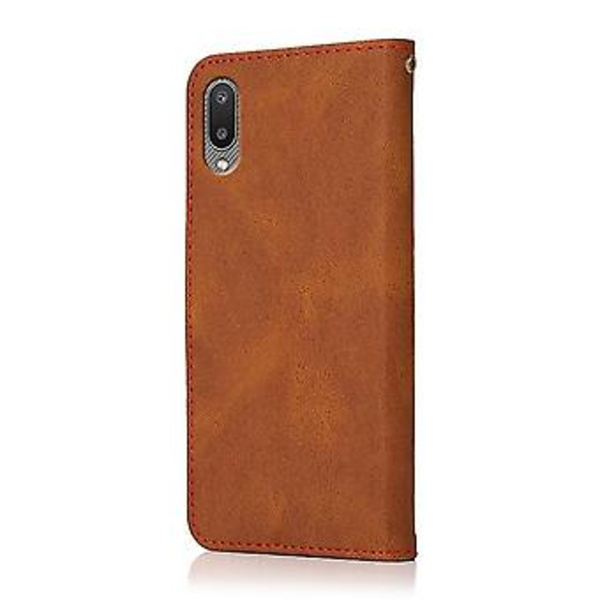 Samsung Galaxy A02 / M02 -puhelimen kotelo, kaksivärinen ommeltu nahka (ruskea punainen)