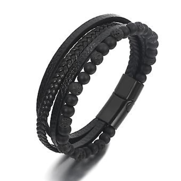 Nytt Läderflätat Surferarmband för Män med Tigerögonpärlor, Armring, Gåva (Svart)