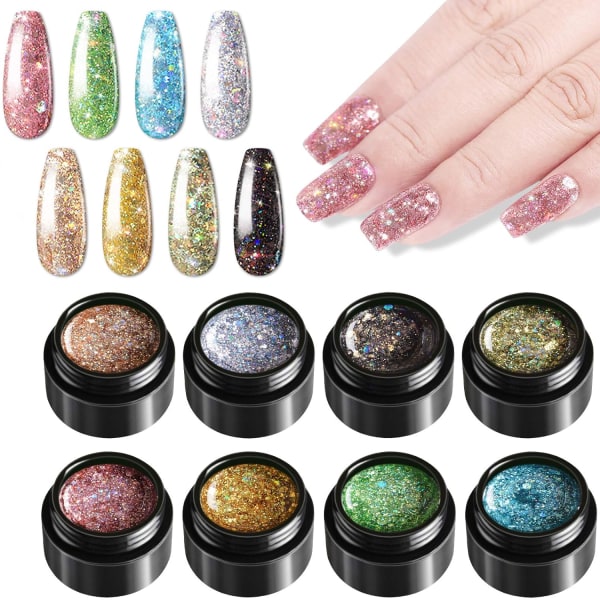 8-färgs glitter gel nagellack set, glitter diamant nagel gel UV