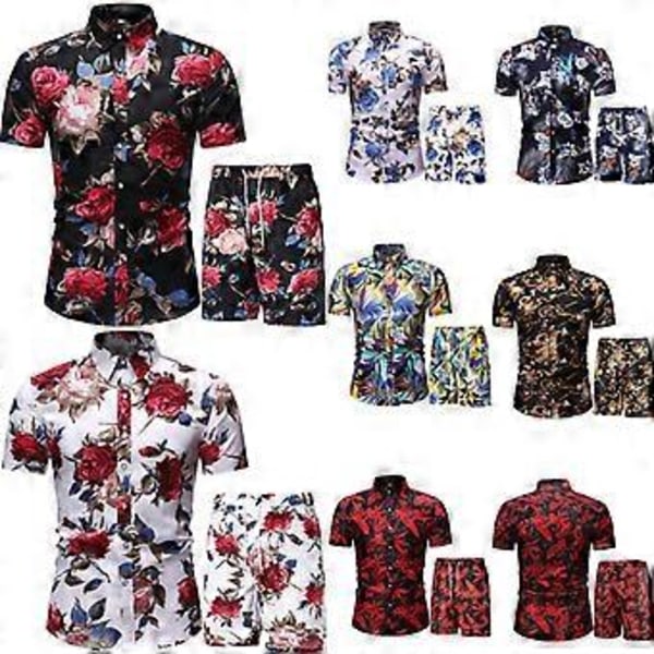 Herr Hawaiiskjorta och Shorts Set 2 Delar Knäppning Blommig Stranddräkt Tropiska Kläder (M Röd)