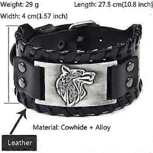 Retro Brett Metall Läderarmband för Män Punk Brett Manschettarmband Rock(varg huvud,silver)(STORLEK 1 )