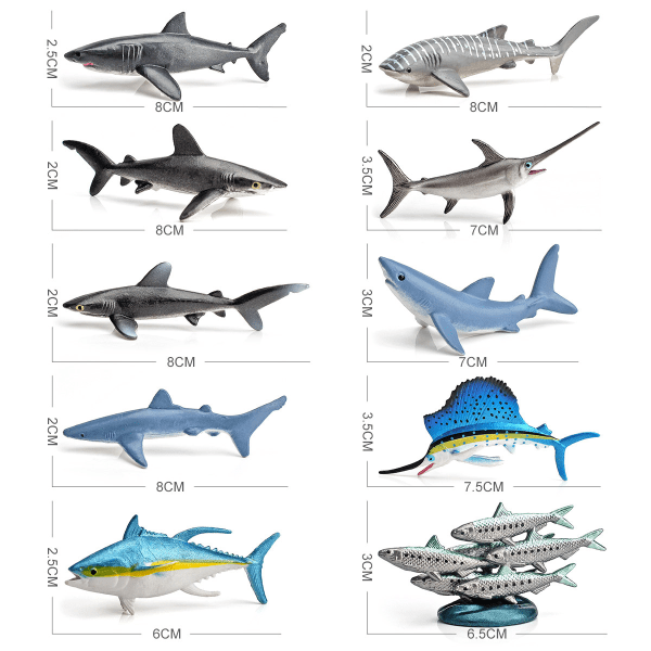 10 stk. sæt med simuleret mini hvalhaj, sejlfisk, hvidhaj