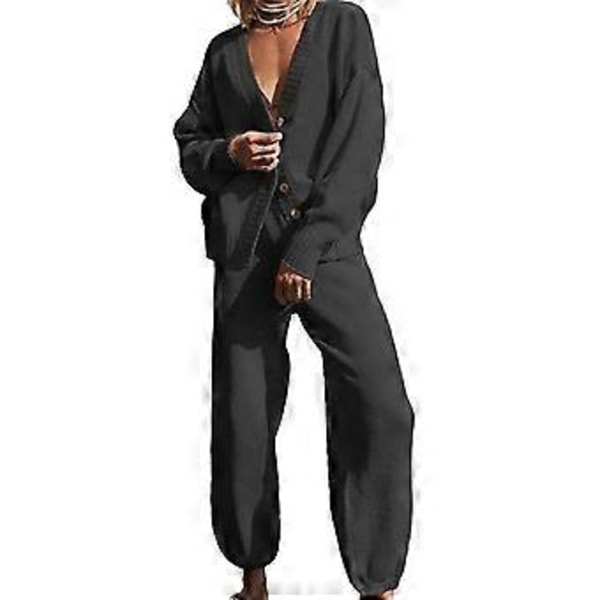 Dame 2-delt sæt V-hals Cardigan Jakker Vide Ben Sweatpants Træningsdragt Strik Lounge Sæt Fritidstøj Sort XL(XL Sort)