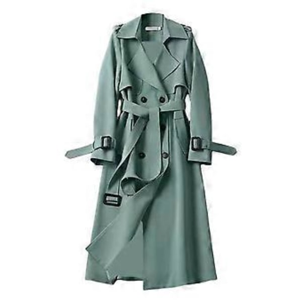Høst Vinter Dame Trenchcoat Nedbrett Krage Ensfarget Dobbelkneppet med Belte Medium(XL grønn)